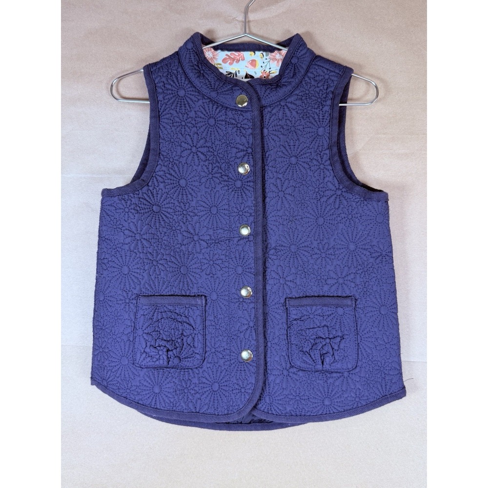 Max Studio Kids Girls 5T Navy Floral Quilted Vest Gold Snap Pockets